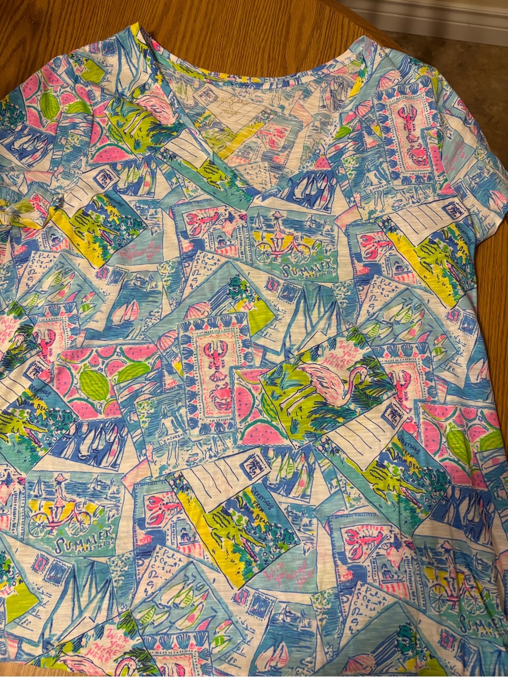 Lilly Pulitzer V-Neck Postcard Print Tee in Blue, Pink & Green